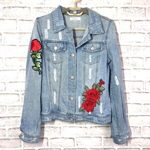 🌹|•ELAN•| Floral Embroidered Distressed Stretch Denim Jean Jacket Size Small